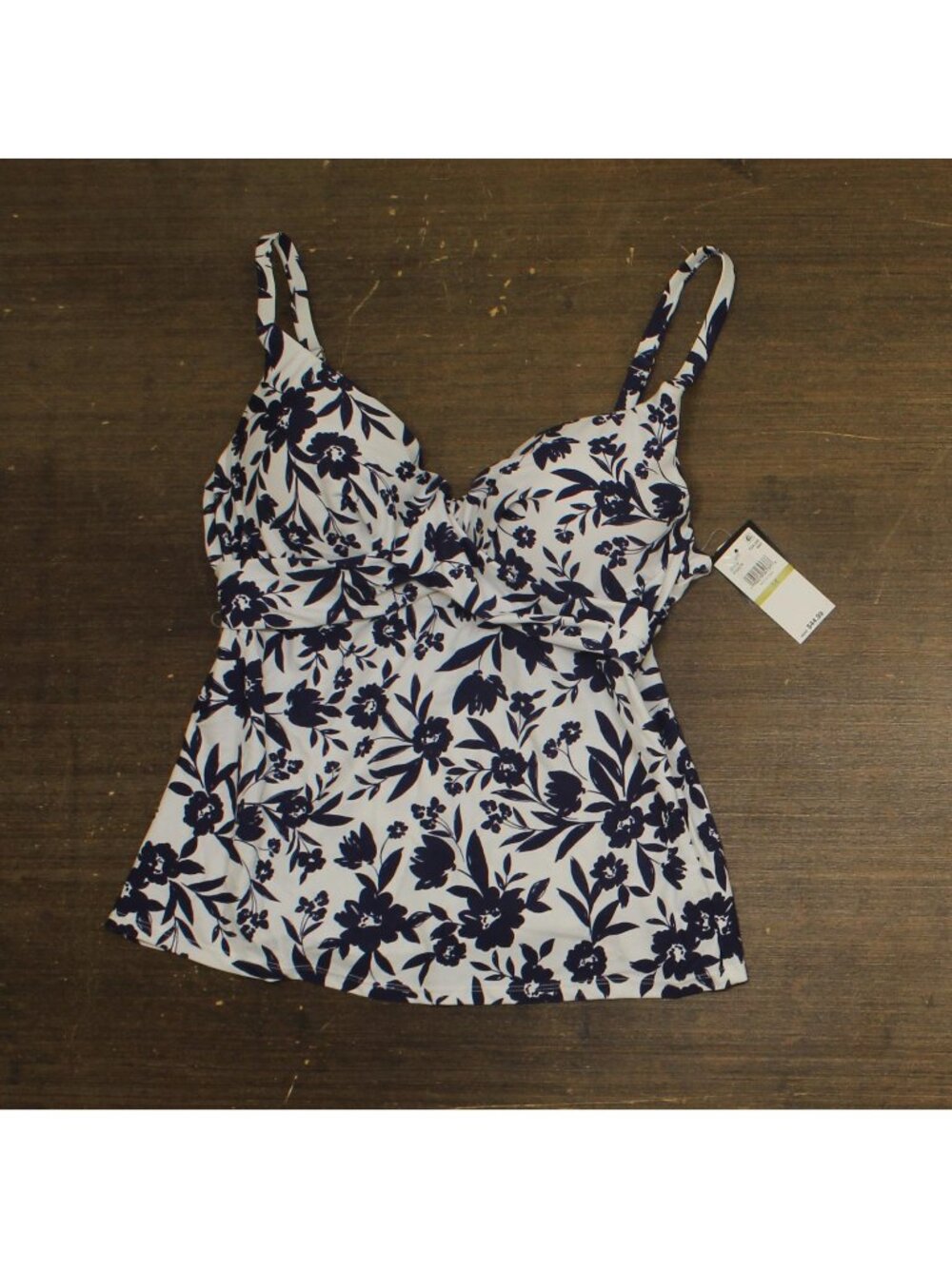 Island Escape Womens Gemini Underwire Tankini Swim Top Navy Blue / White 14